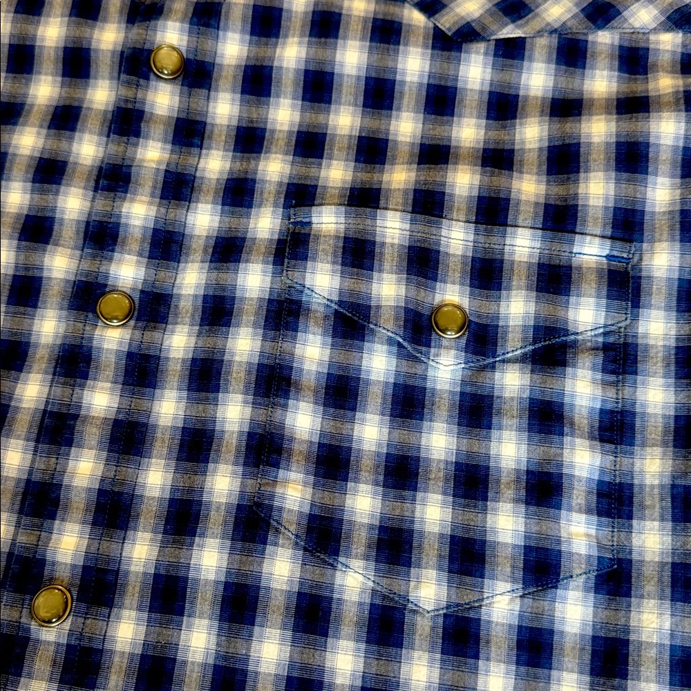 🍌 Banana Republic Western Cut Pearl Snap Navy Plaid Men's Long Sleeve Shirt - Picture 3 of 8